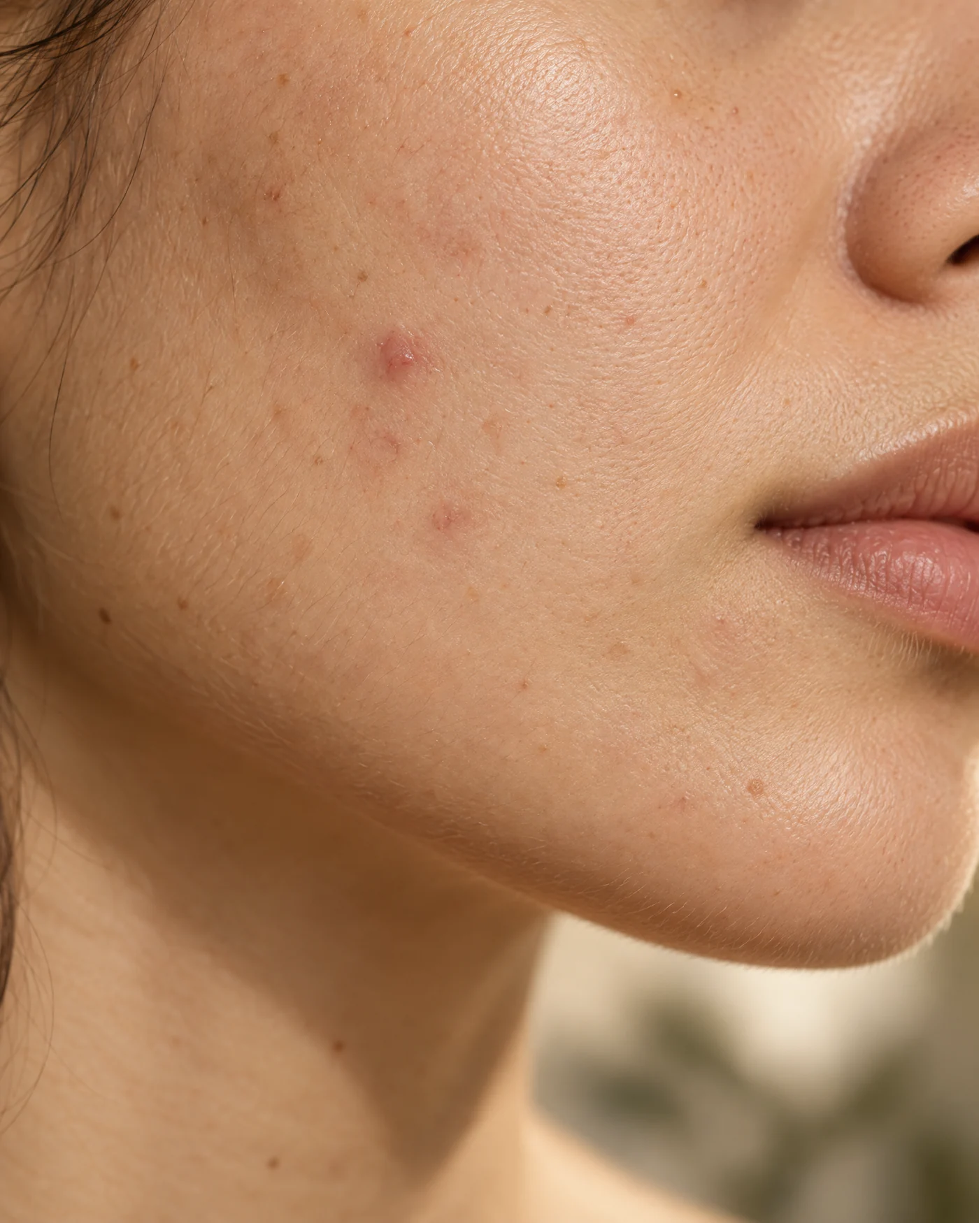 Detalhe de pele com pequenas marcas de acne, sem rosto completo